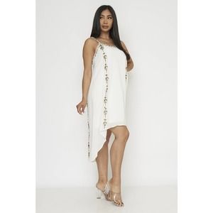 WHITE SLEEVELESS EMBROIDERED HI-LO DRESS